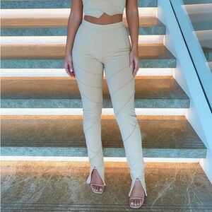 Oh Polly Split Decision Cream High Waist Flare Leggings Split Front Hem NWT